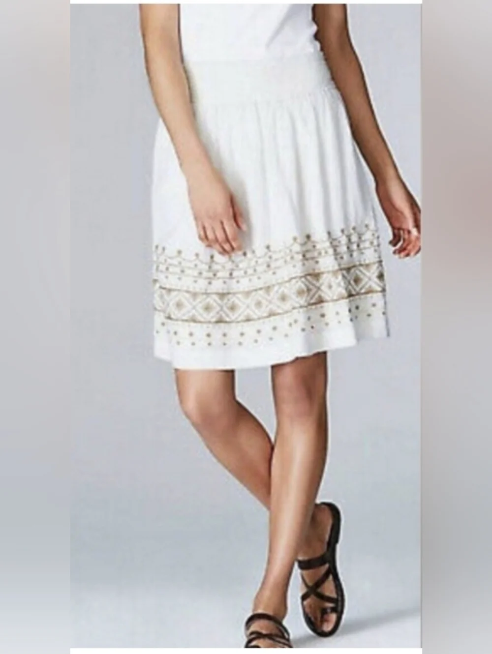 J. Jill White A-Line Skirt with Gold Embroidered Trim / Medium